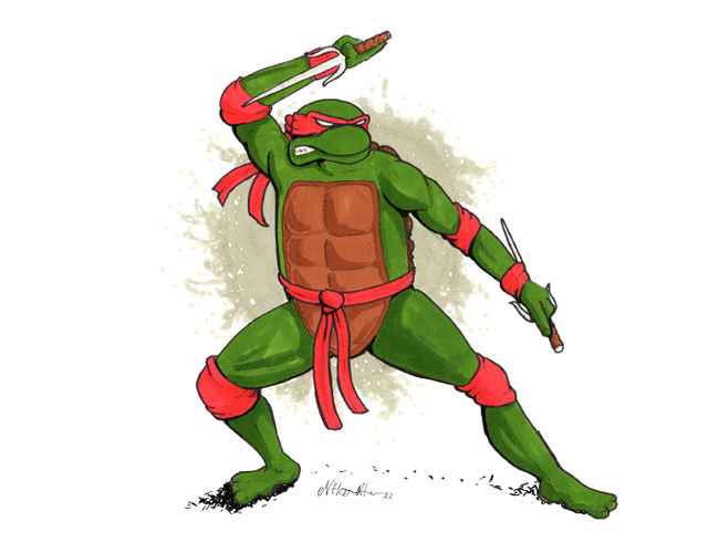 Teenage mutant ninja turtle Rafael står med sine sai