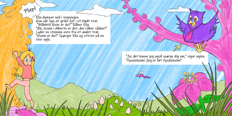 Pigen Ella i et tegnet univers med en ugle og sjove træer og planter